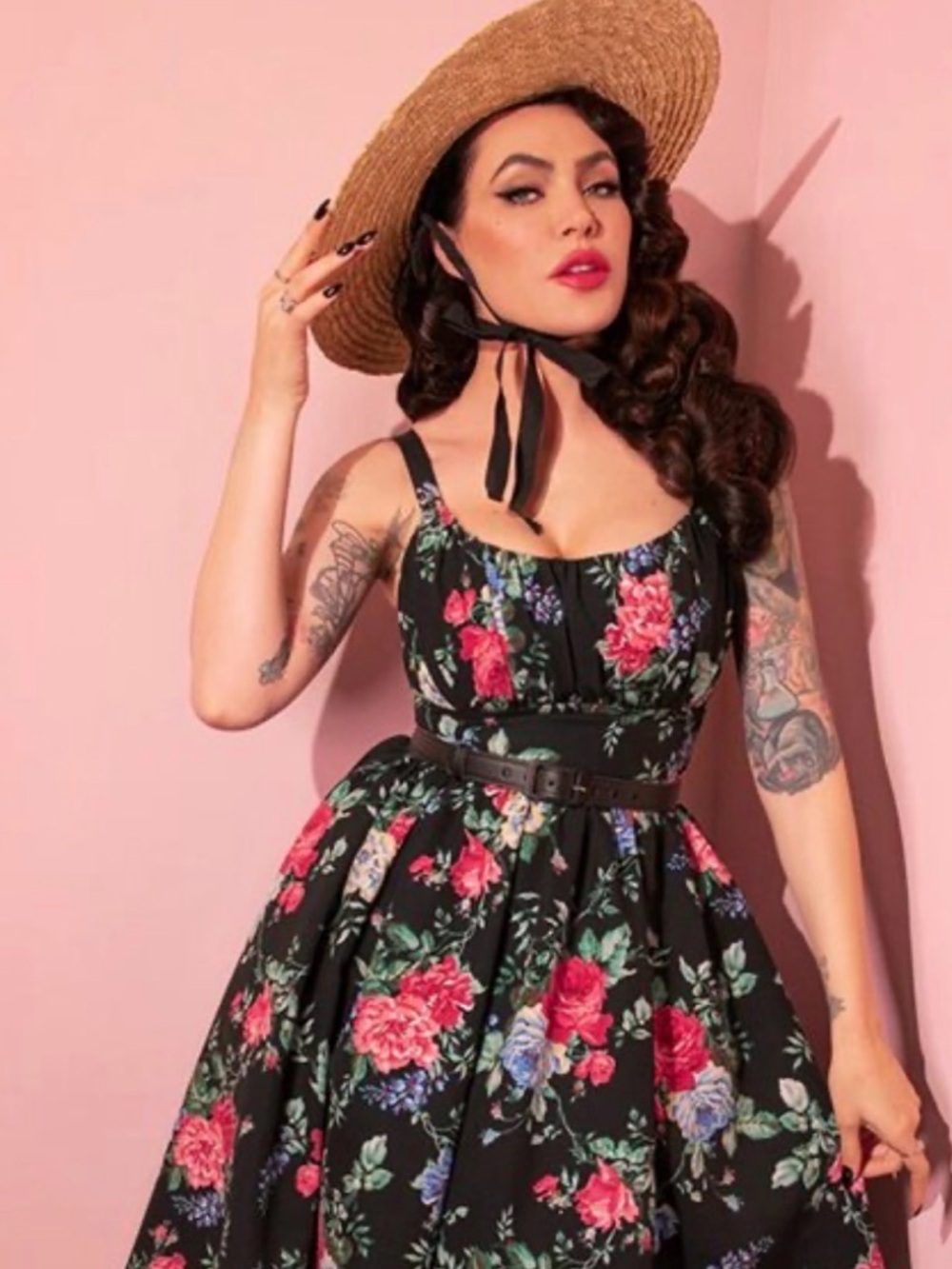 Vixen by Micheline Pitt Black Floral Ingenue swing dress